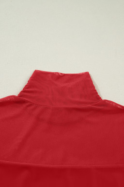 Fiery Red Sheer Mesh Patchwork High Neck Long Sleeve Top