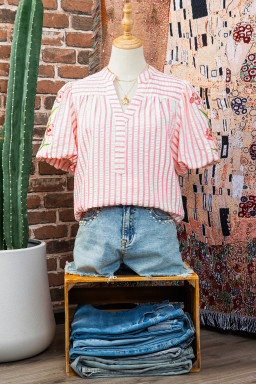 Pink Stripe Print Floral Embroidered Puff Sleeve V Neck Blouse