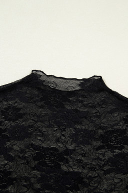Black Floral Lace Mesh Short Sleeve Sheer Top