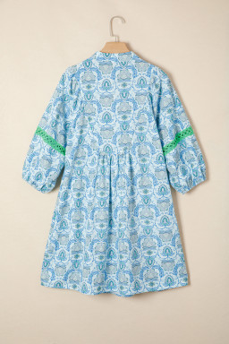 Sky Blue Boho Paisley Print Contrasted Patchwork Detail Bracelet Sleeve Loose Mini Dress