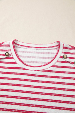 Red Stripe Textured Knit Button Detail Short Sleeve Casual Tee