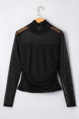 Black Sheer Mesh Patchwork High Neck Long Sleeve Top
