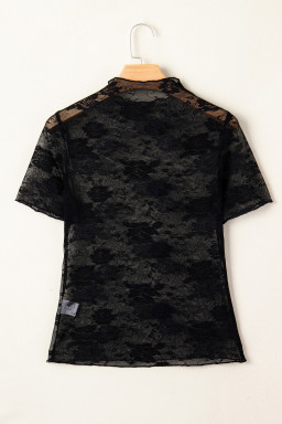Black Floral Lace Mesh Short Sleeve Sheer Top