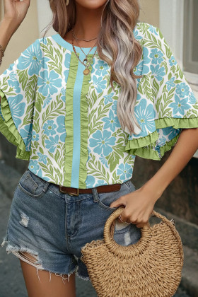 Sky Blue Floral Print Ruffled Color Block Trim Half Sleeve Blouse