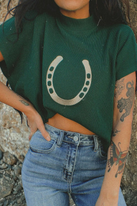 Blackish Green Horse Shoe Graphic Western Short Sleeve Sweater