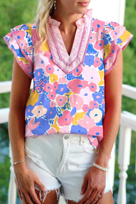 Pink Playful Floral Print Striped Color Block Patchwork V Neck Flutter Sleeve Blouse