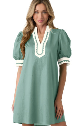 Canton Scallop Color Block Trim Puff Sleeve Mini Dress