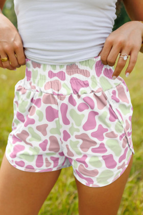 Green Camouflage Print Shirred High Waist Athleisure Shorts