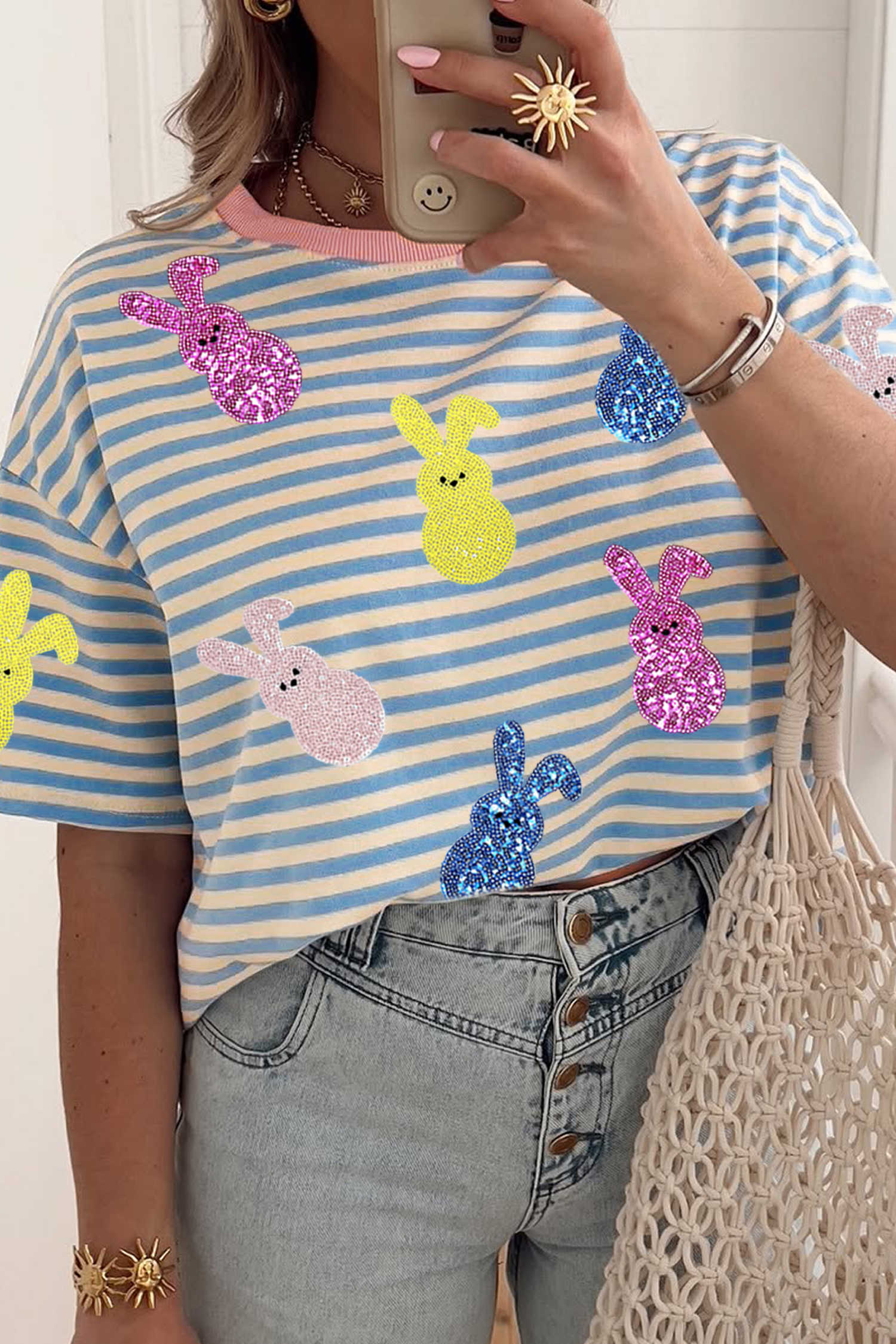 Sky Blue Stripe Sequin Easter Bunny Patched Drop Shoulder Tee