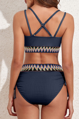 Navy Blue Ribbed Knit Tribal Contrast Detail 2pcs High Waist Swimsuit