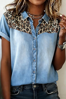 Myosotis Denim Button Down Leopard Patchwork Detail Short Sleeve Shirt
