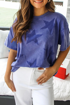 Blue Independence Day Star Printed Mineral Wash T Shirt