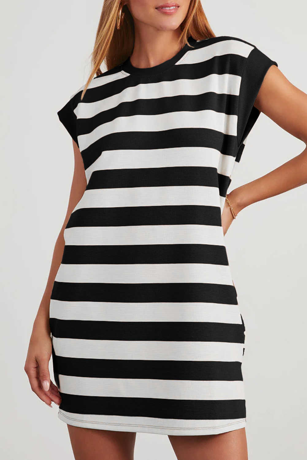 Black Stripe Cap Sleeve Shift T Shirt Dress