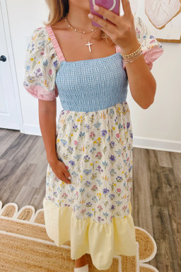 Multicolour Floral Print Striped Color Block Patchwork Square Neck Shirred Long Dress