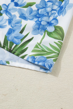Sky Blue Palm Floral Print Contrast Ribbon Knot Ruffle Tiered Sleeve Mini Dress