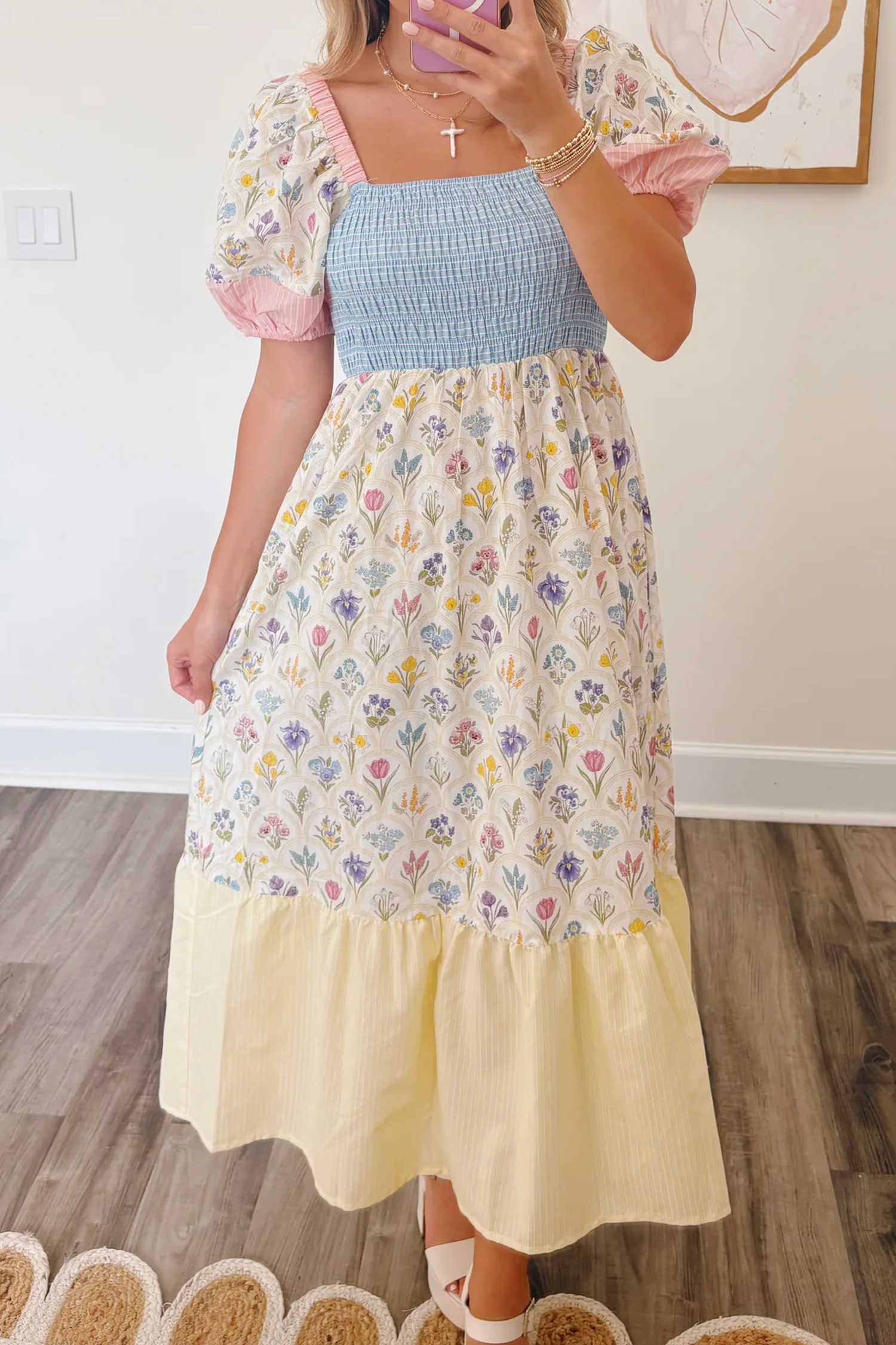 Multicolour Floral Print Striped Color Block Patchwork Square Neck Shirred Long Dress