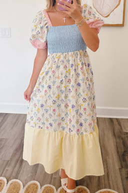 Multicolour Floral Print Striped Color Block Patchwork Square Neck Shirred Long Dress
