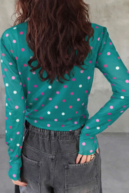 Green Polka Dot Patterned Bodycon Mock Neck Mesh Long Sleeve Top