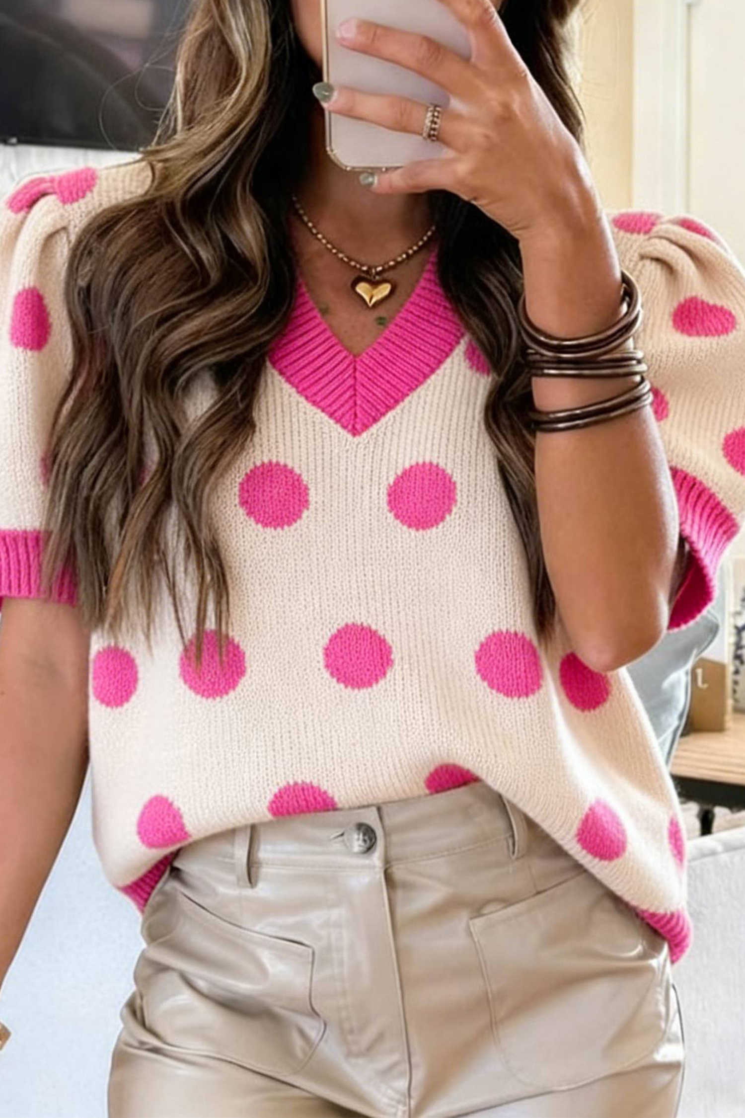 Pink Polka Dot Puff Short Sleeve Sweater Top
