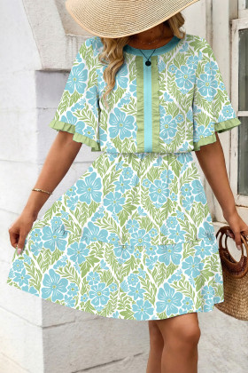 Sky Blue Floral Print Ruffled Detail Short Sleeve Mini Dress