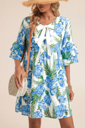 Sky Blue Palm Floral Print Contrast Ribbon Knot Ruffle Tiered Sleeve Mini Dress