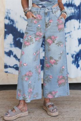 Sky Blue Garden Floral Print Bootcut Jeans