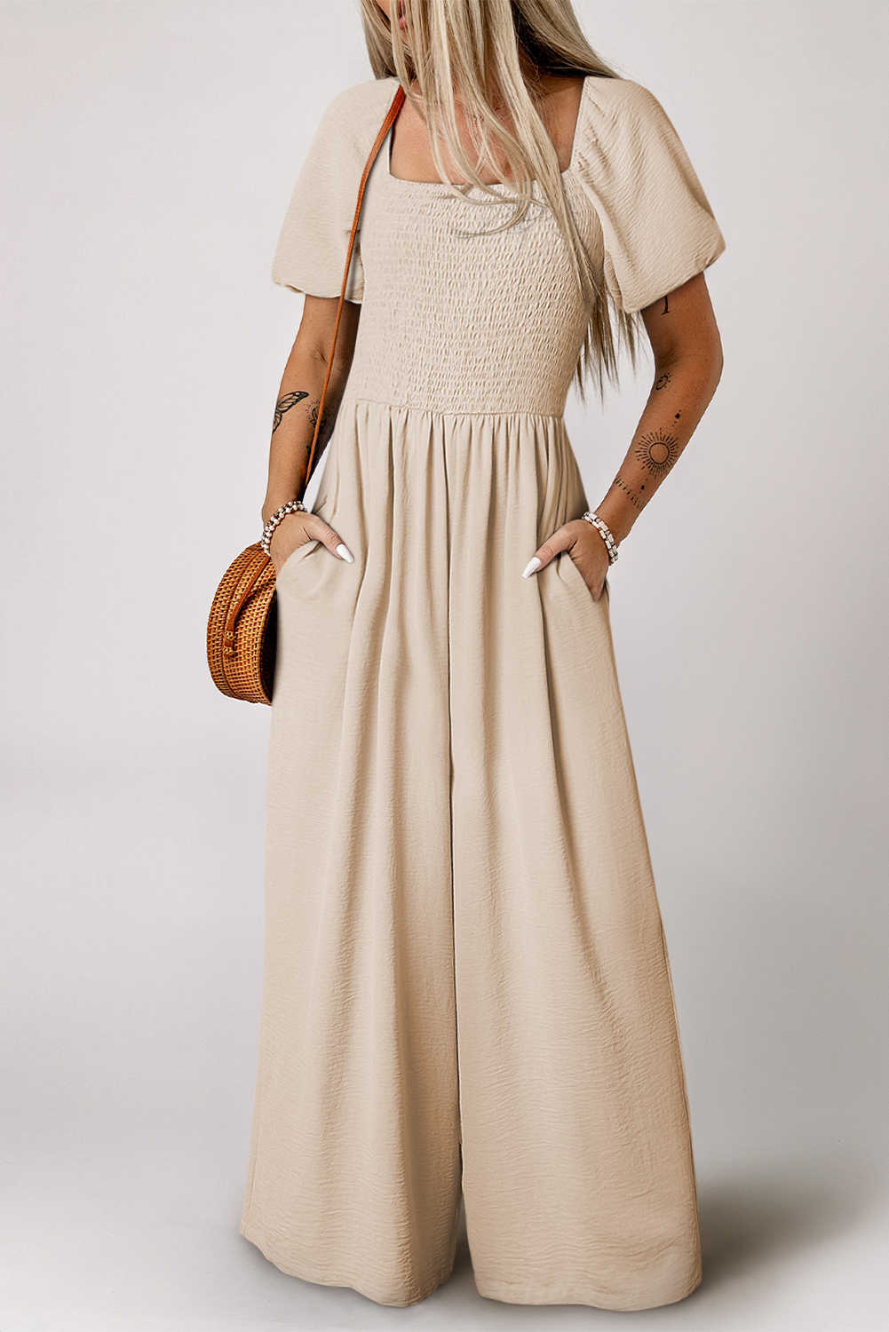 Apricot Short Bubble Sleeve Smocked Wide Leg Jumpsuit