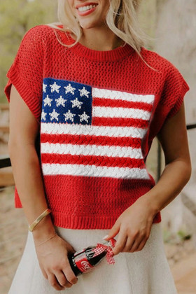 Fiery Red Flag Graphic Short Sleeve Sweater Top