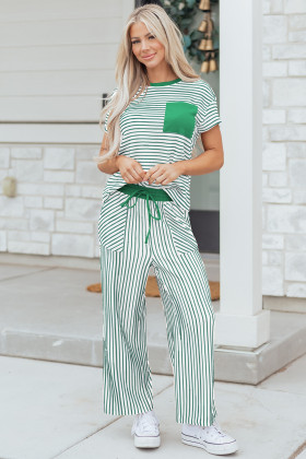 Green Stripe Crew Neck Tee Drawstring Waist Cropped Pants Set