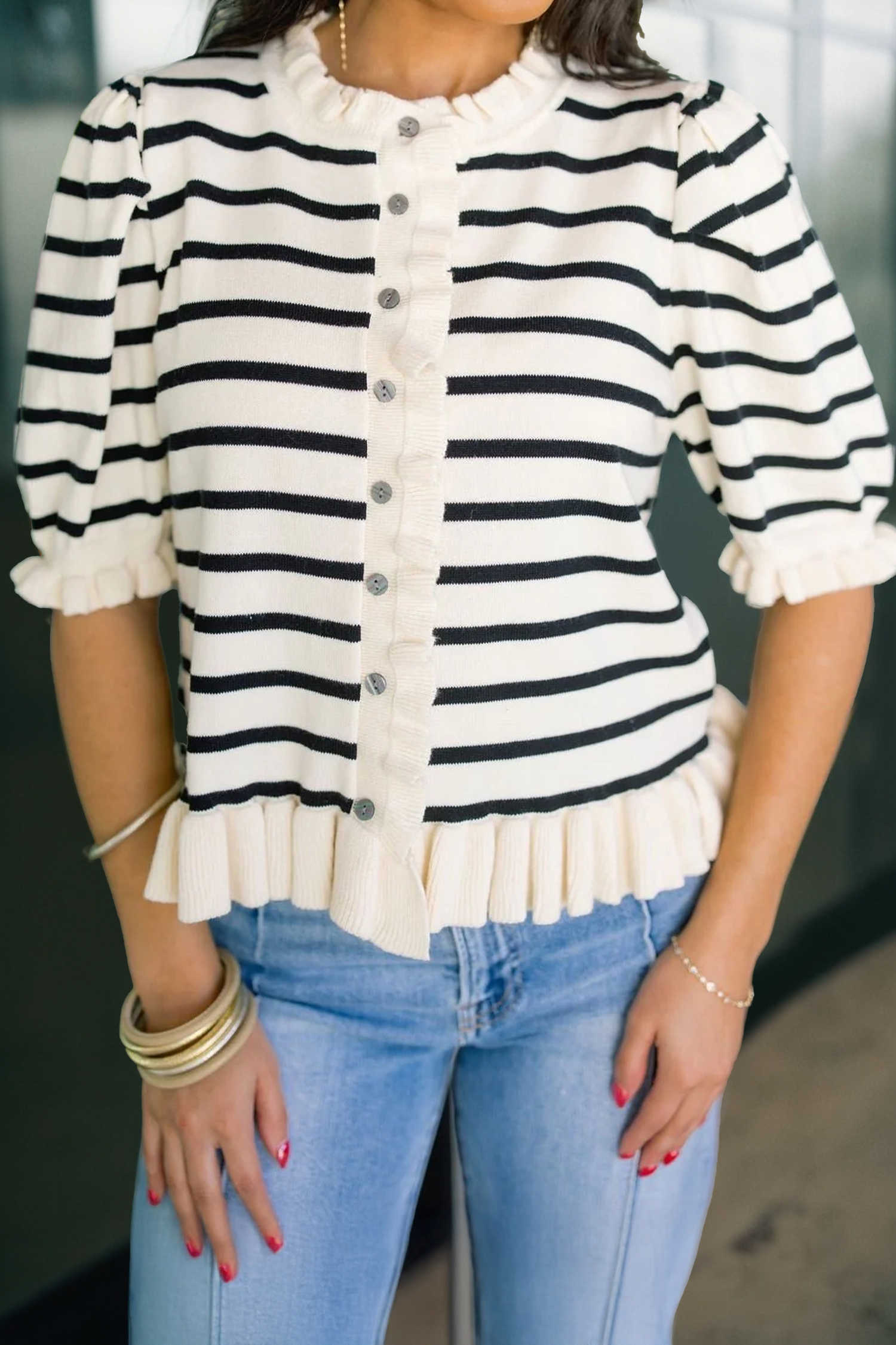 Beige Stripe Ruffle Trim Button Down Knit Short Sleeve Sweater Cardigan