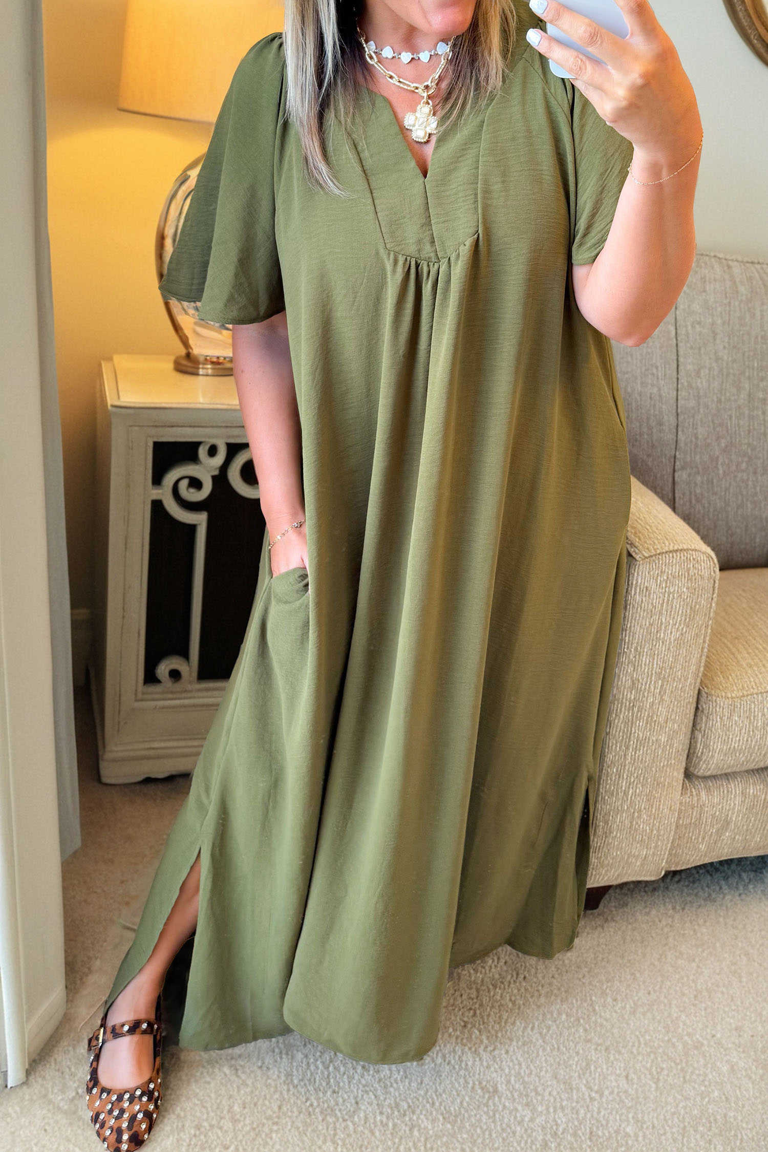 Four Leaf Clover Plus Size Solid Color Notched Neck Short Sleeve Loose Dress