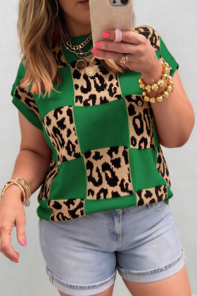 Green Plus Size Leopard Contrasted Checkered Short Sleeve Sweater