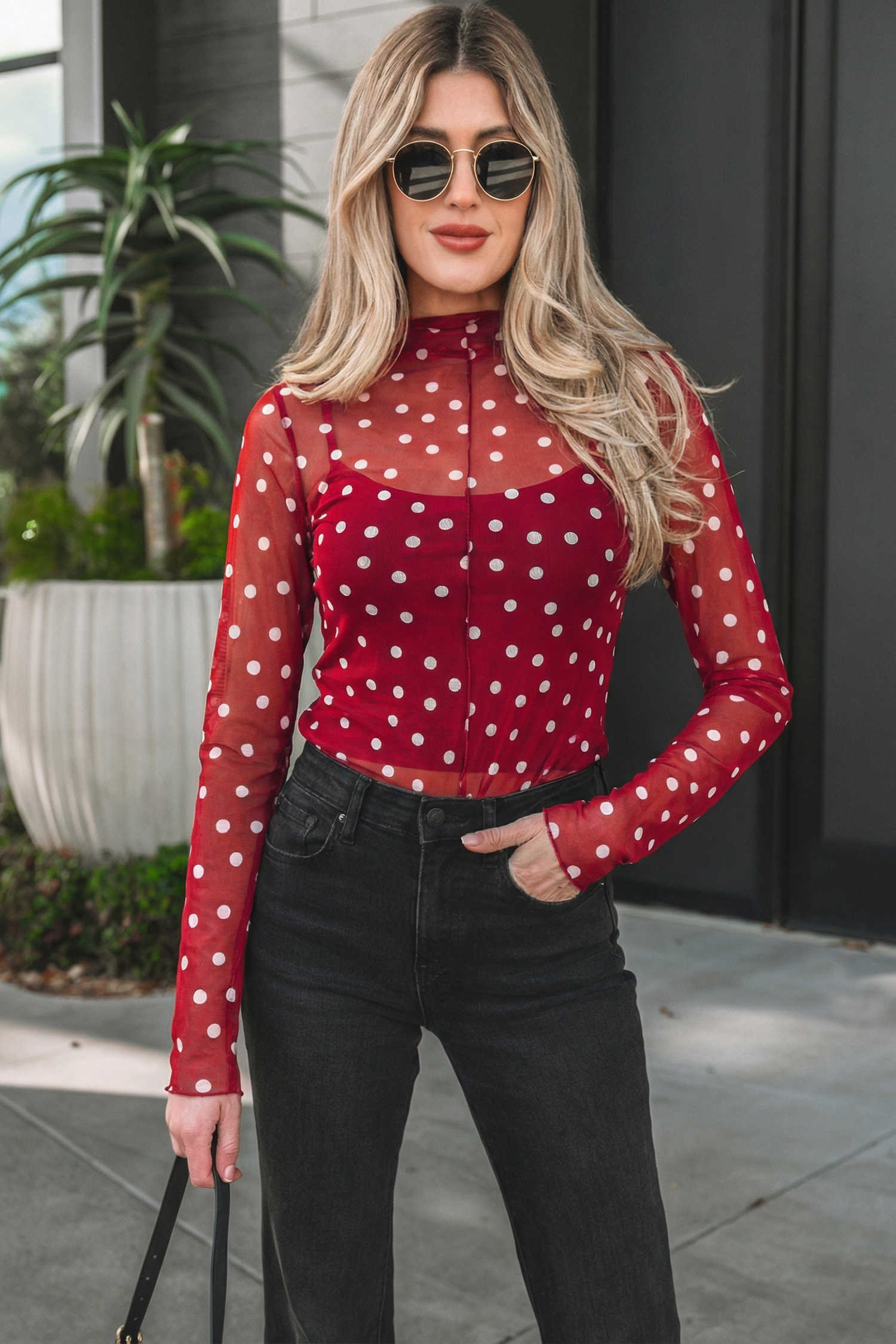Red Polka Dot Patterned Bodycon Mock Neck Mesh Long Sleeve Top