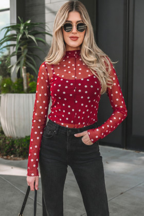 Red Polka Dot Patterned Bodycon Mock Neck Mesh Long Sleeve Top