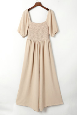 Apricot Short Bubble Sleeve Smocked Wide Leg Jumpsuit