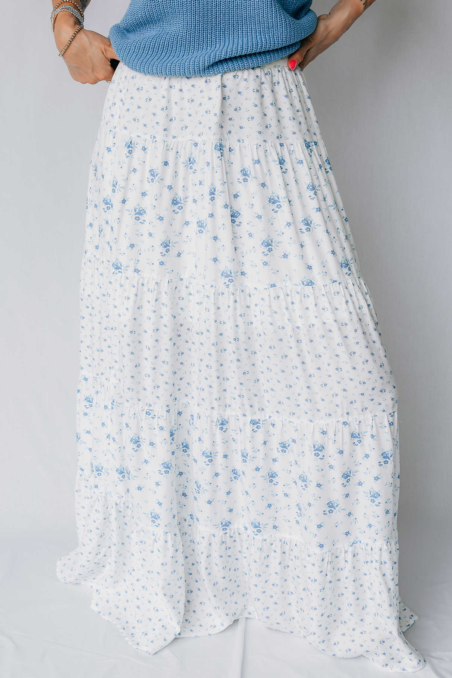Sky Blue High Waist Tiny Floral Print Boho Maxi Skirt