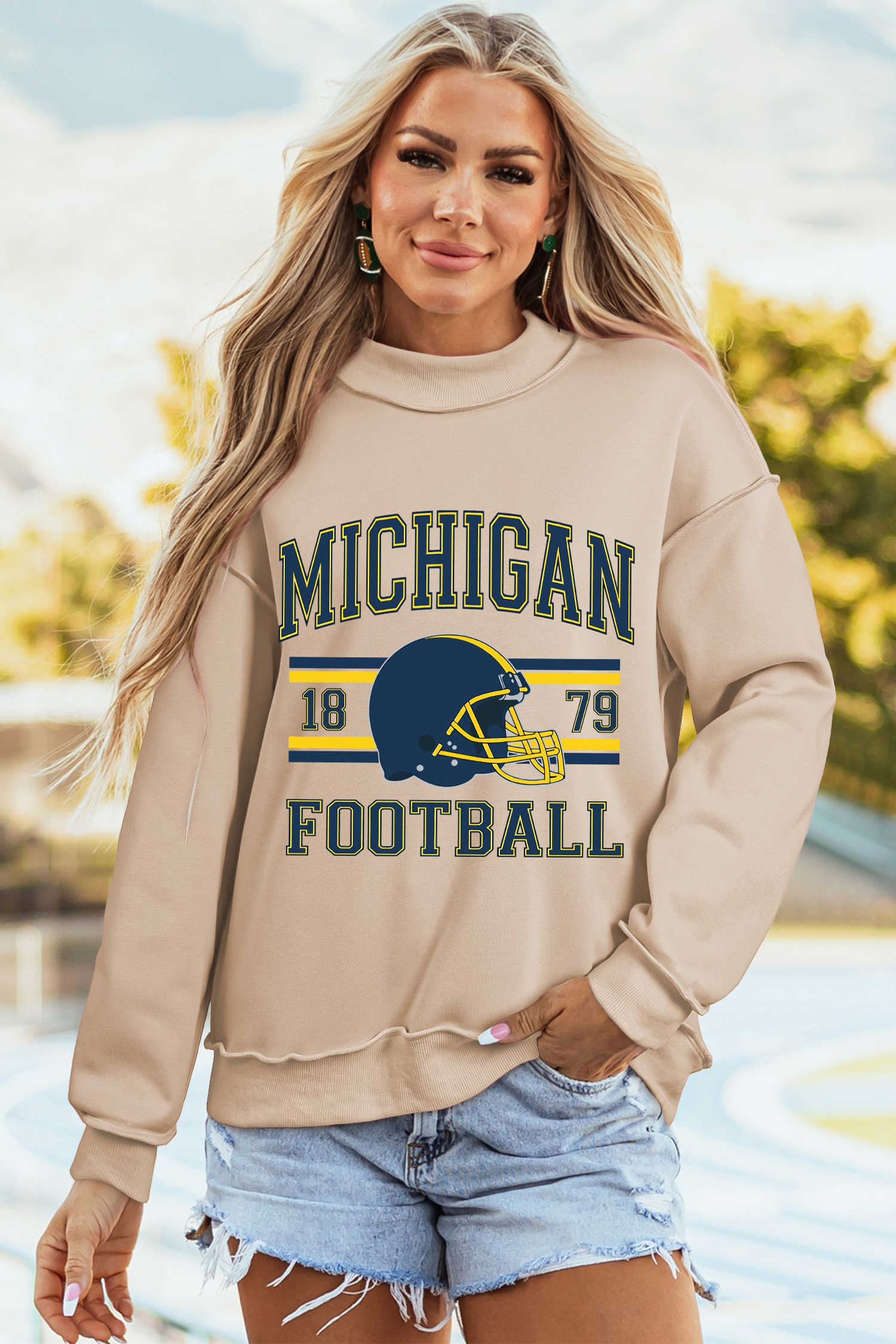 Apricot MICHIGAN FOOTBALL Double Side Printed Reversible Mock Neck Sweatshirt