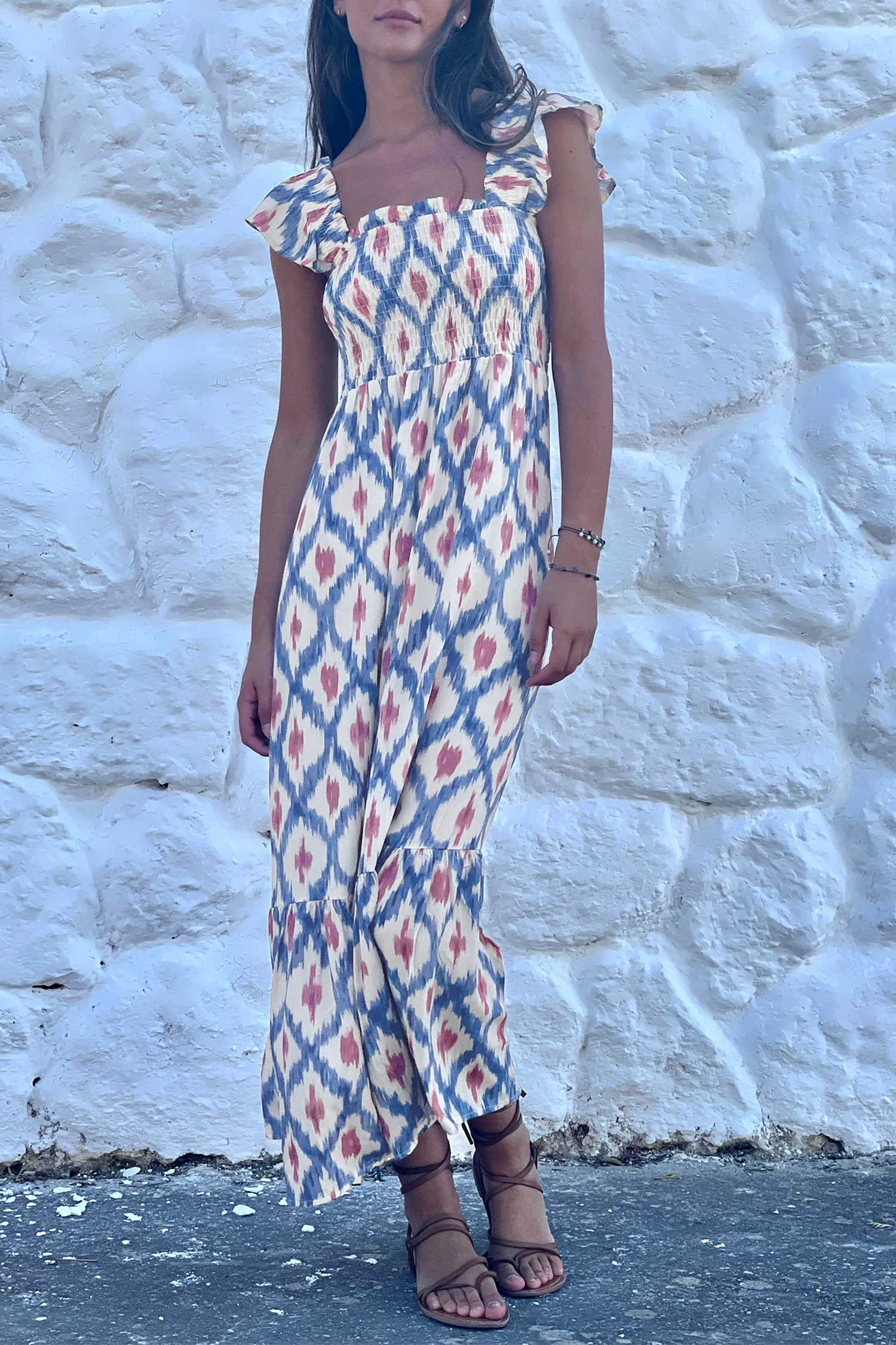 Sky Blue Ethnic Geometric Print Square Neck Smocked High Waist Ruffle Sleeve Dress