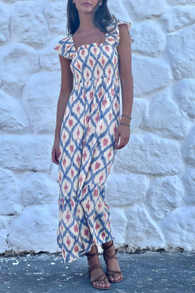 Sky Blue Ethnic Geometric Print Square Neck Smocked High Waist Ruffle Sleeve Maxi Dress