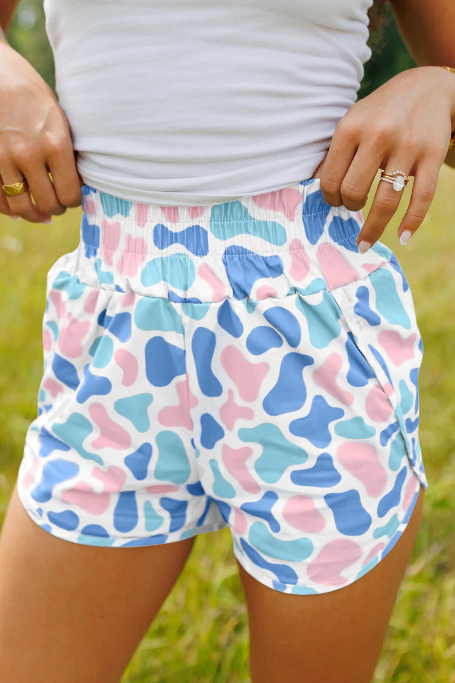 Sky Blue Camouflage Print Shirred High Waist Athleisure Shorts
