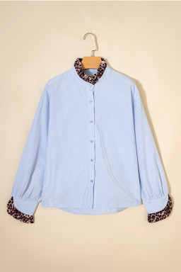 Sky Blue Stripe Ruffled Leopard Patchwork Long Sleeve Button Down Loose Shirt