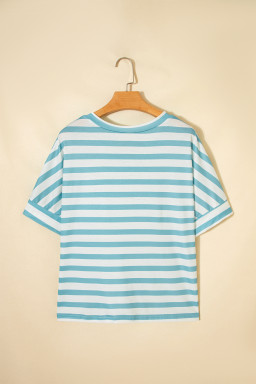 Sky Blue Stripe V Neck Patched Pocket Casual T Shirt