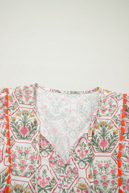 Pink Floral Print Tassel Tie V Neck Scalloped Detail Loose Mini Dress