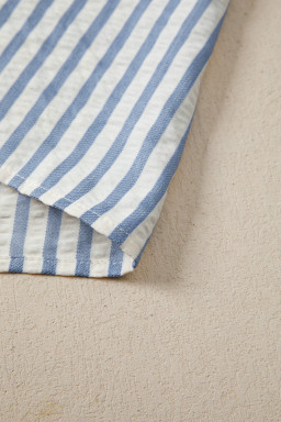 Sky Blue Stripe Leopard Trim V Neck Button Down Half Sleeve Shirt