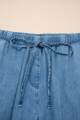Dusk Blue Ruffled Hem Wide Leg Chambray Pants