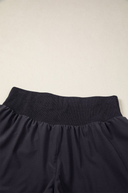 Black Solid Color Ribbed Patchwork High Waist Athletic Shorts