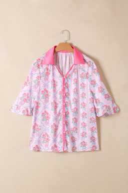 Purple Floral Collared Ruffled Half Sleeve Shirt
