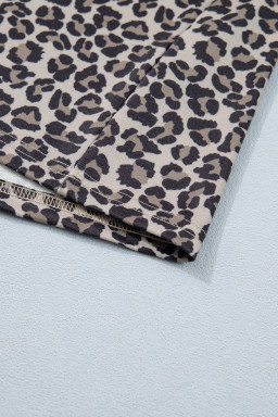 Khaki Leopard Print Half Zip Striped Trim Patchwork Short Sleeve Top