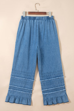 Dusk Blue Ruffled Hem Wide Leg Chambray Pants