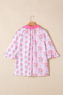 Purple Floral Collared Ruffled Half Sleeve Shirt